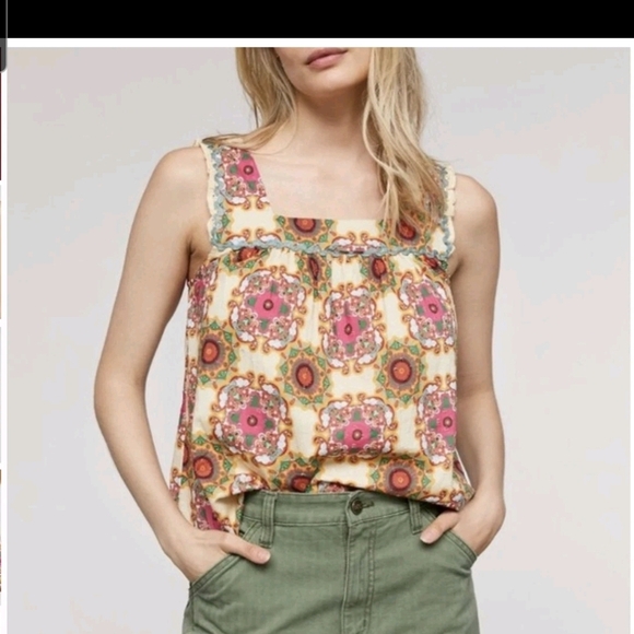 Let Me Be by Anthropologie Abstract Ruffled Tank Top Blouse Sz 10 - Picture 1 of 9